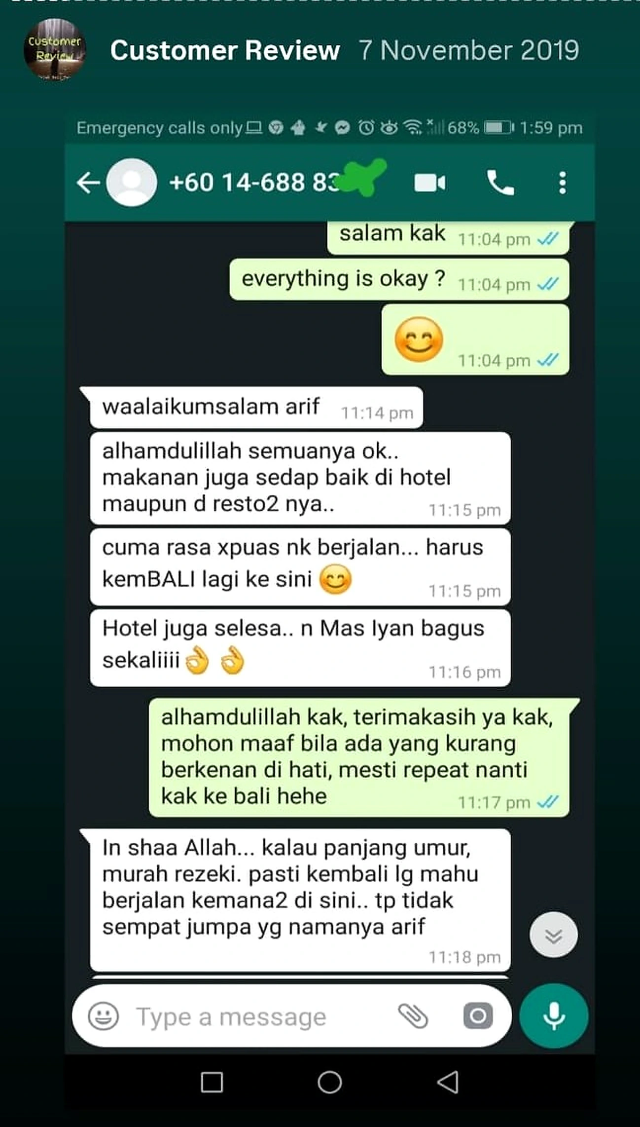 Original Malaysian guest message praising hotel, food and driver service