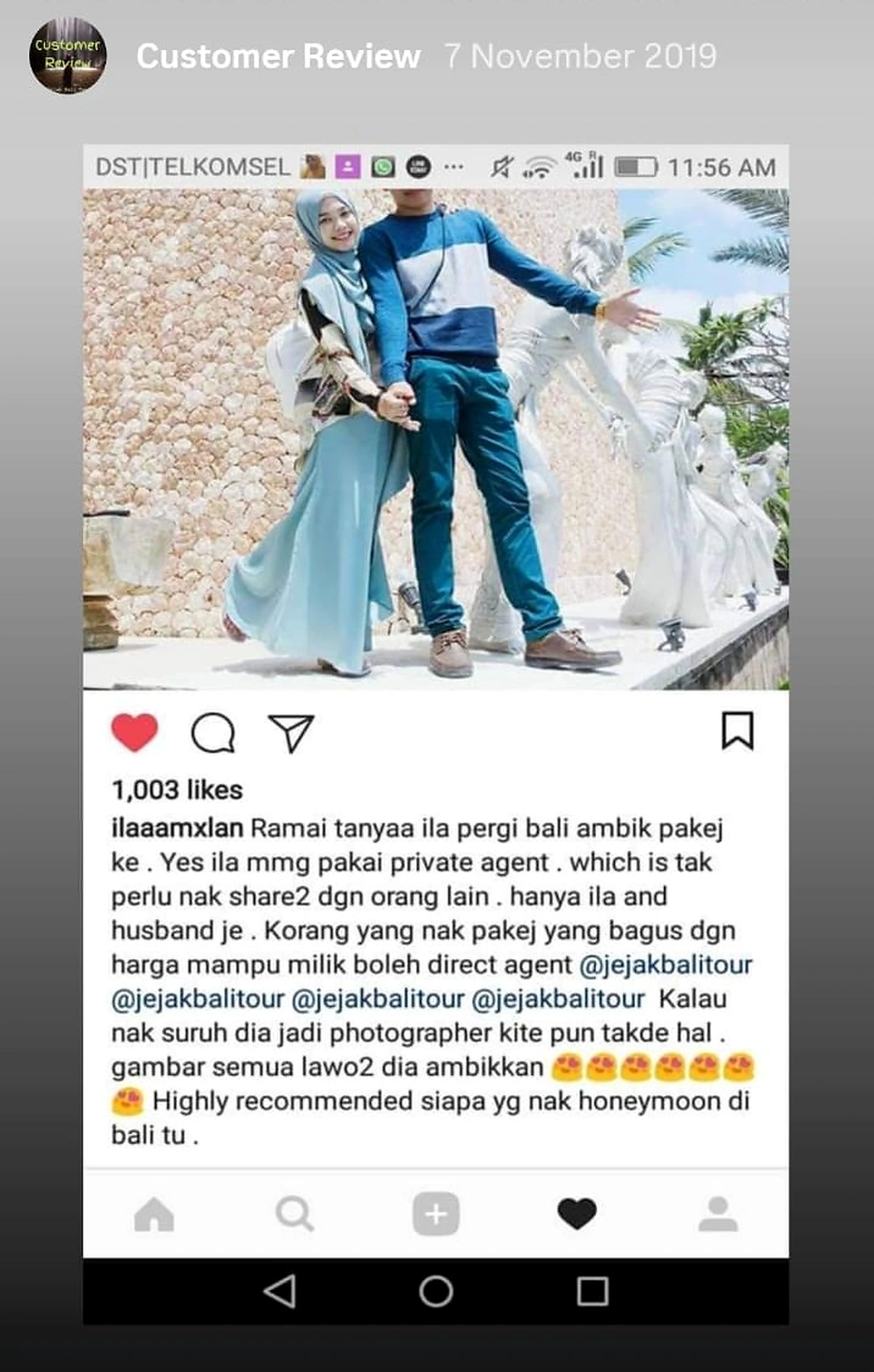 Original Malaysian guest recommendation for a private Bali honeymoon agent